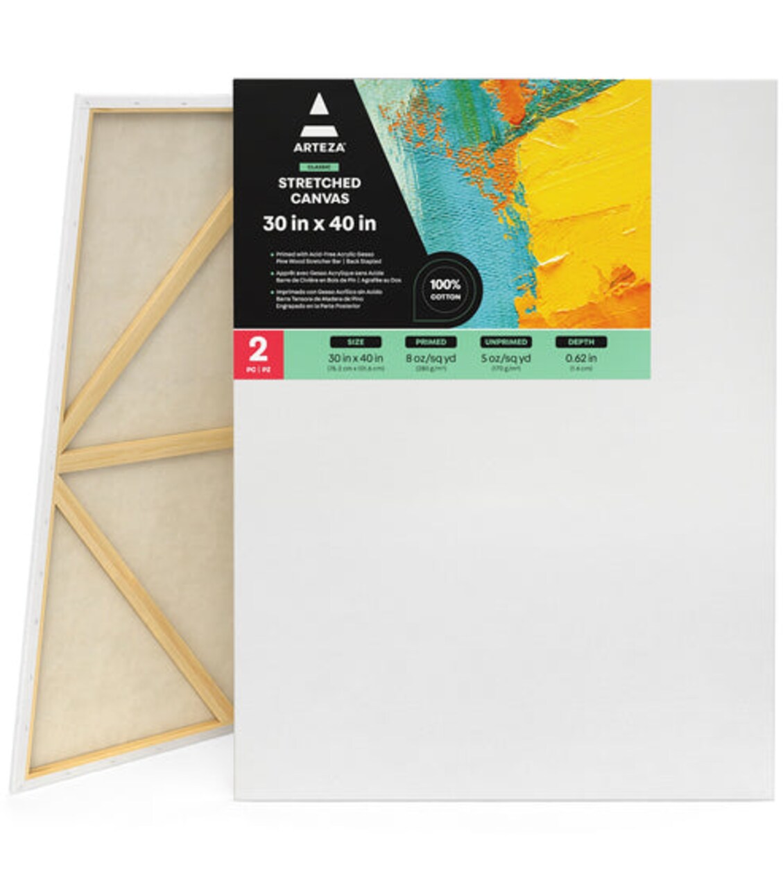 Arteza Stretched Canvas Value Pack, 30" x 40", Blank Canvas Boards for Painting - 2 Pack
